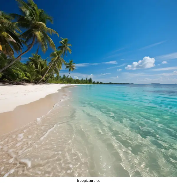 A breathtaking beach with crystal clear water and swaying palm trees.
