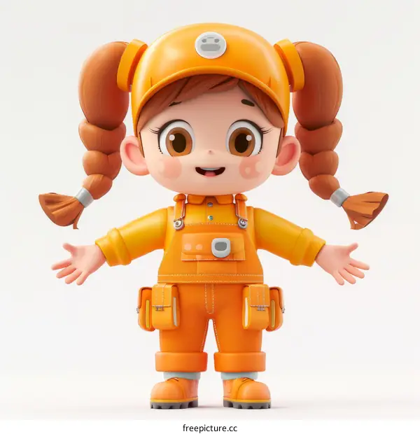 Cute Cartoon Girl in Orange Jumpsuit and Hat