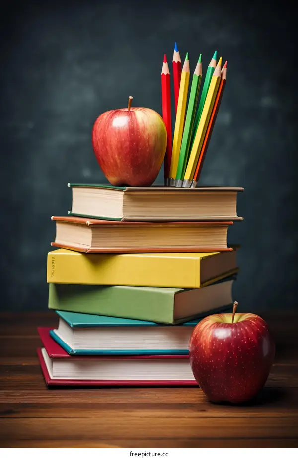 A stack of books with two red apples and a bunch of colored pencils