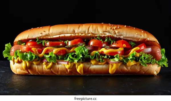 Hot Dog Bun with Mustard, Tomatoes, Cucumbers, and Lettuce