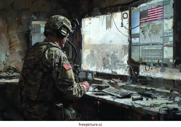 A soldier sits at a computer in a military control room.