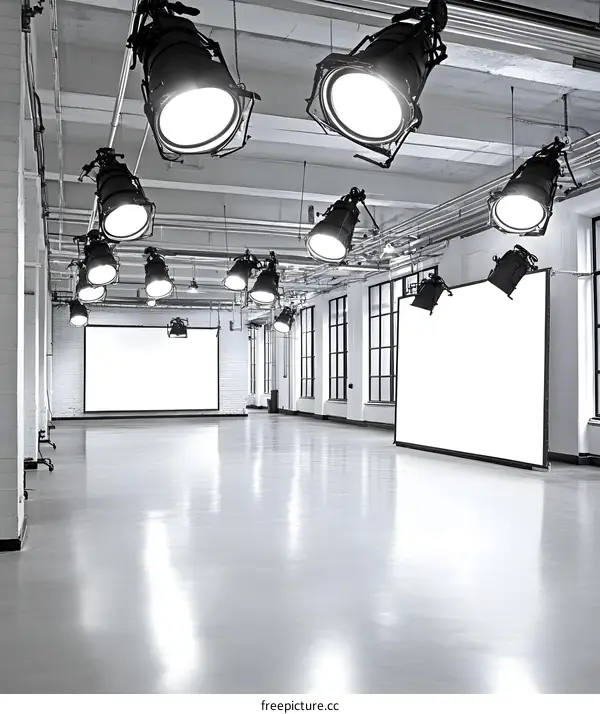 Empty Studio Room with White Walls and Ceiling Lights
