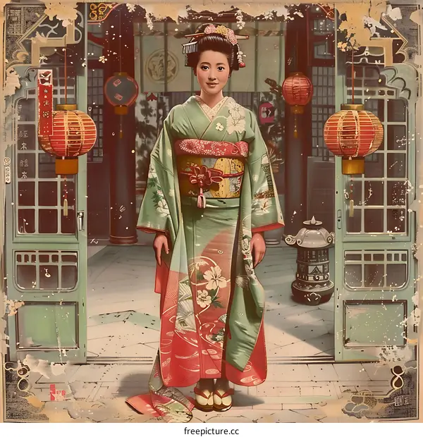 A Japanese woman wearing a kimono stands in a traditional Japanese house.