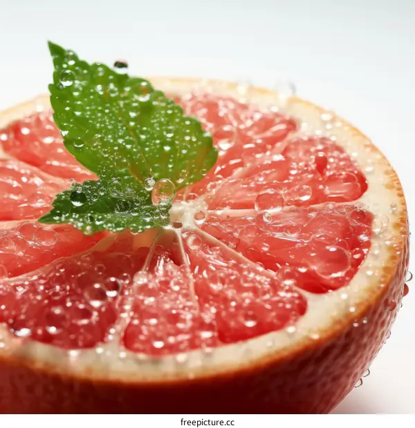 Macro photography of a halved pink grapefruit with a sprig of mint