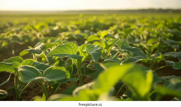 Green soybean field with sunlight