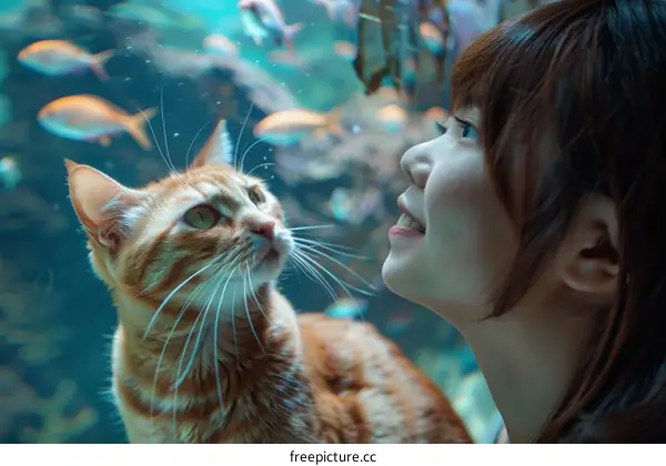 A ginger cat and a girl are looking at each other in front of an aquarium