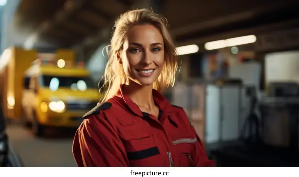 portrait of a smiling female paramedic in uniform standing in front of an ambulance