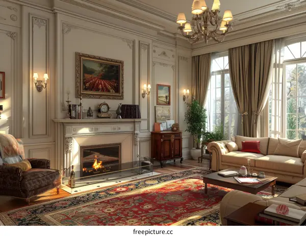 European style living room interior with fireplace and big windows