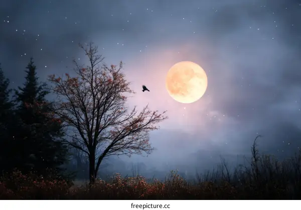 Mystical Night Scene with Full Moon and Trees