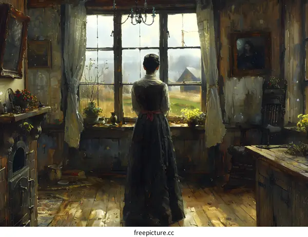 A woman standing in front of a window looking out at a field