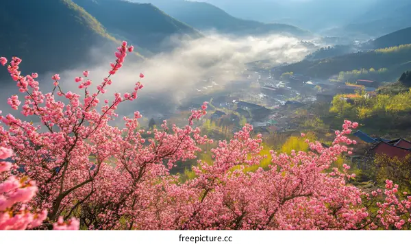 Spring Blossom Scenery Over a Valley Village