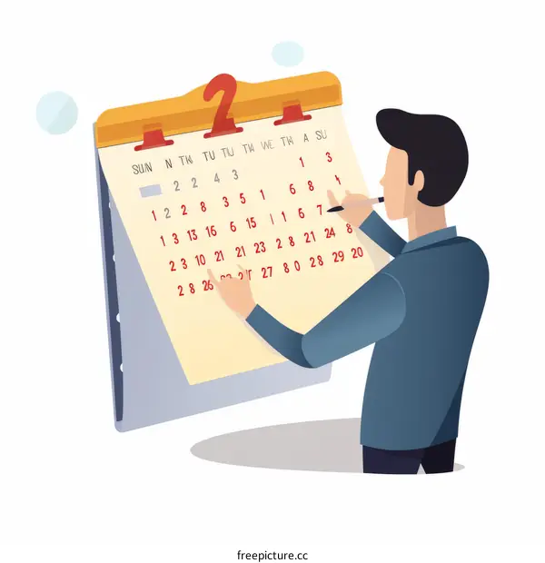 man in blue suit marking dates on a wall calendar using a red pen