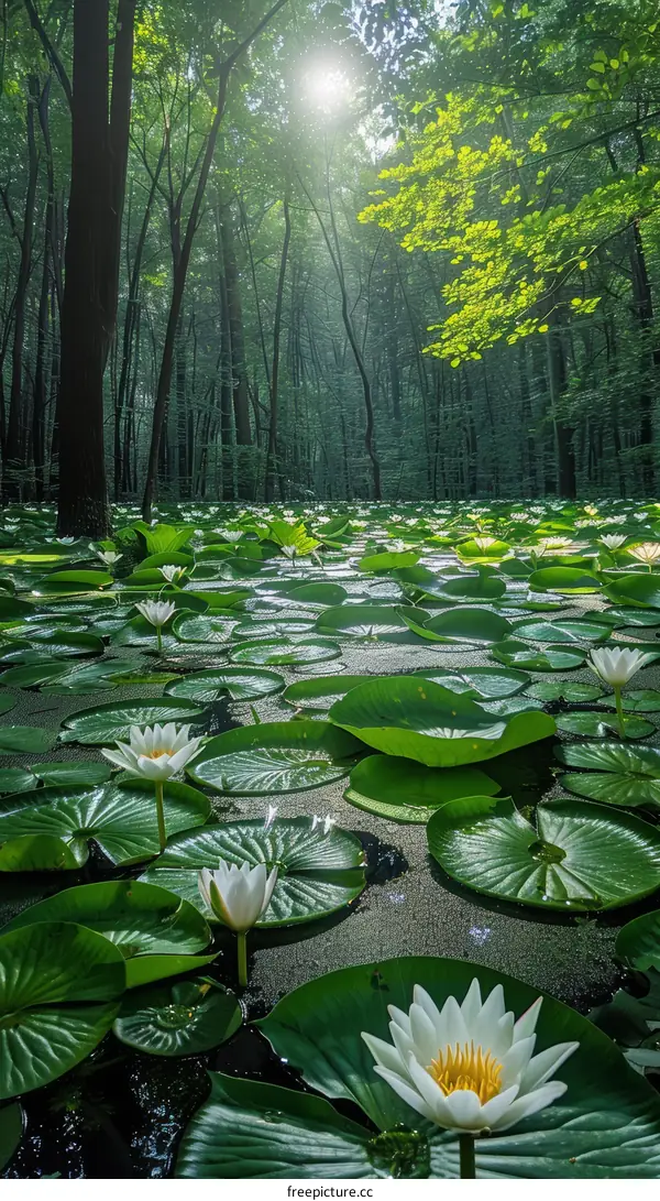 Mystical Green Pond with White Flowers