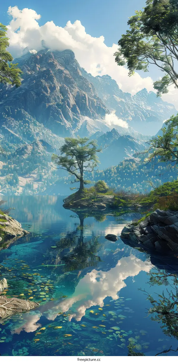 Mountains, lake and tree reflected in calm water