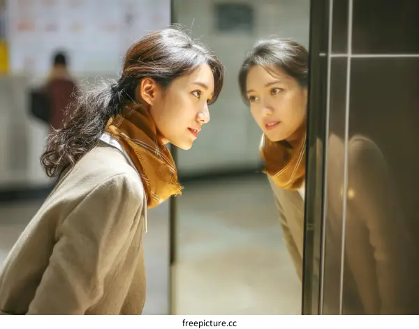 Woman Looking in a Metro Station Mirror