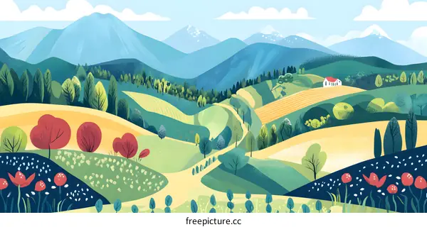 Beautiful Mountain Landscape Illustration with House