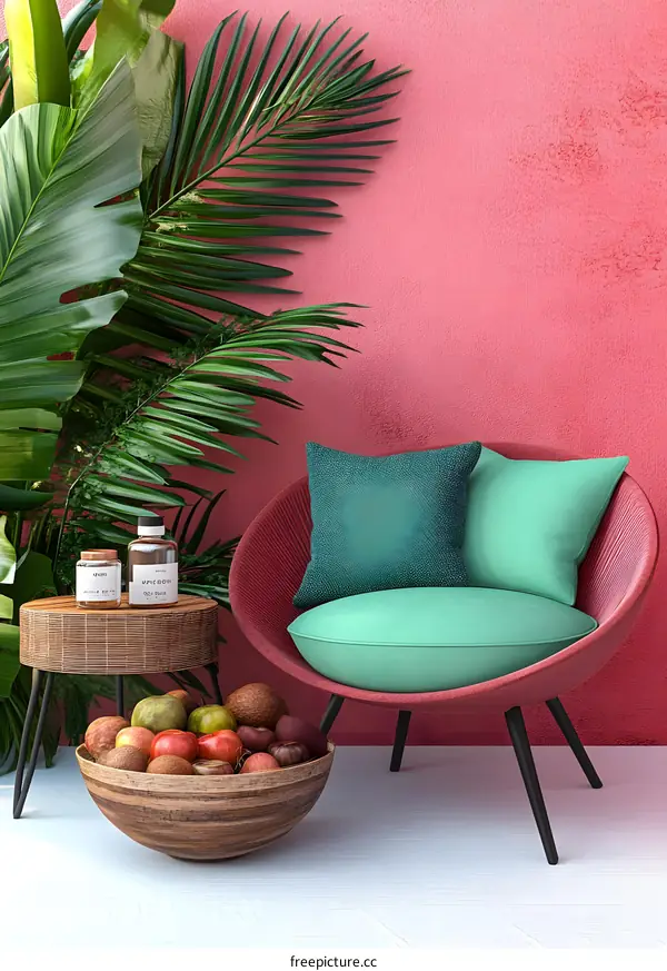 Modern Living Room with Tropical Plants and Pink Wall