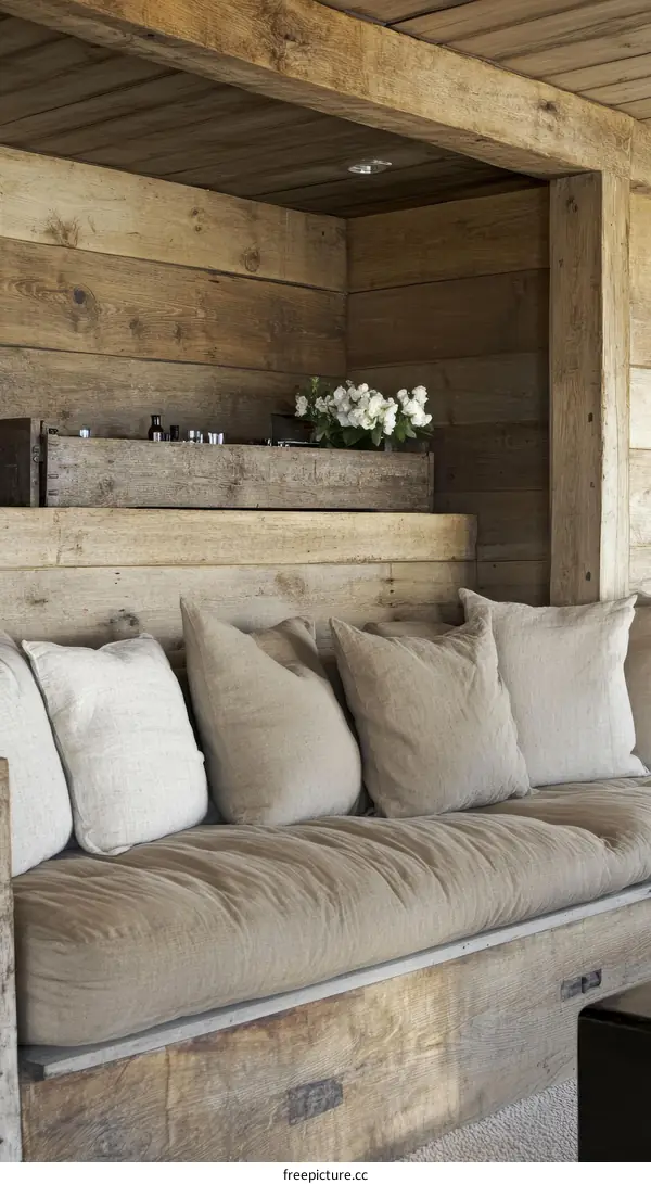 Rustic Wooden Bench Seating with Beige Cushions