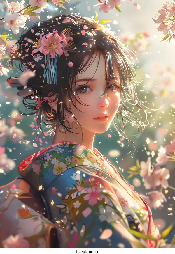 An Asian woman in a kimono standing in a field of cherry blossoms.