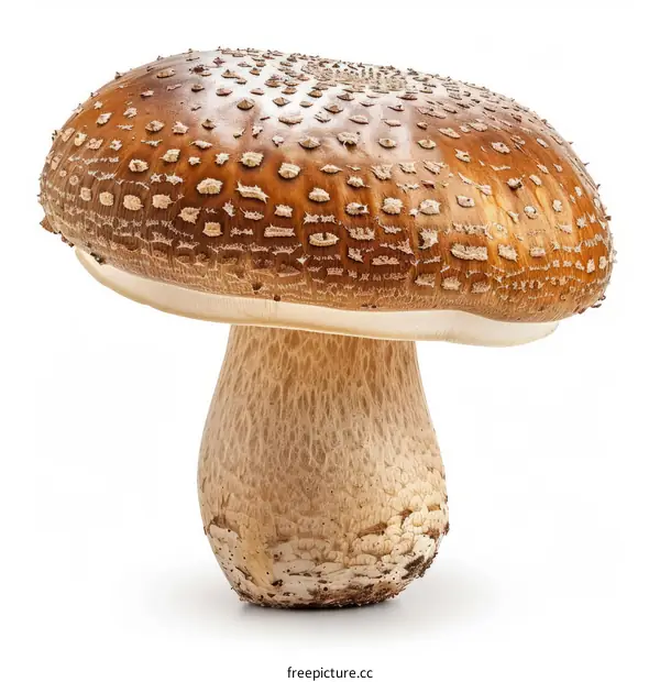 Close up of a large brown mushroom with a white background