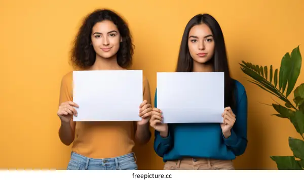 Two young women holding blank signs
