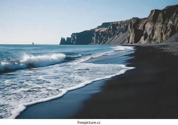 Black Sand Beach Landscape with Waves Crashing on Shore