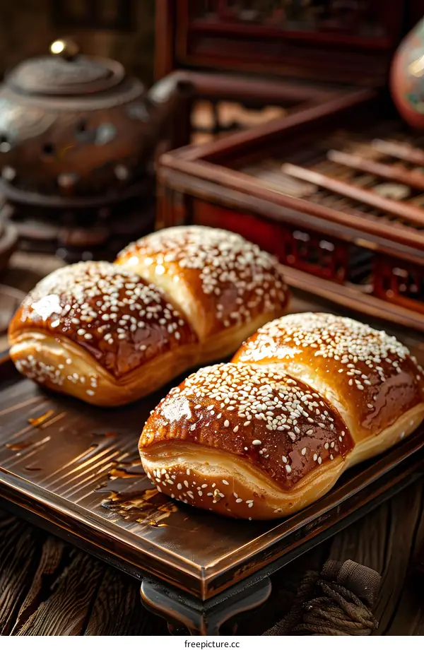 Two Sesame Seed Buns on a Wooden Tray