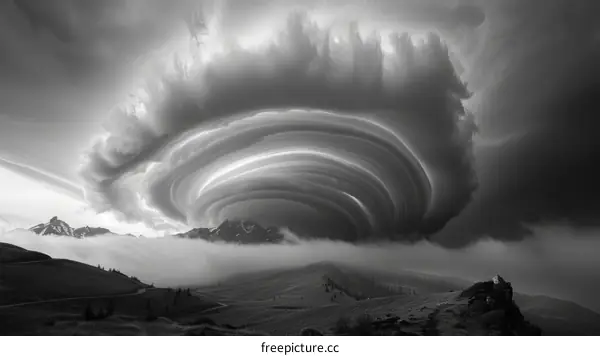 Black and white photo of a large storm cloud over a mountain range