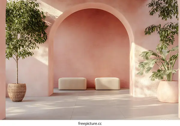 Minimalist Interior Design With Pink Walls And Archway
