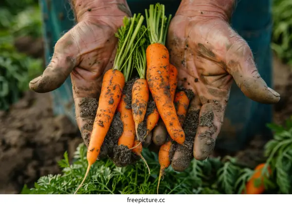 A farmer's hands holding freshly harvested carrots