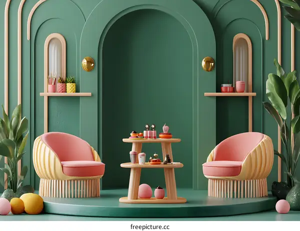 Green and Pink Interior Design with Arched Wall and Chairs