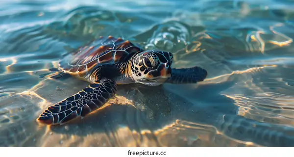 Cute Sea Turtle in Tropical Beach Shallow Waters