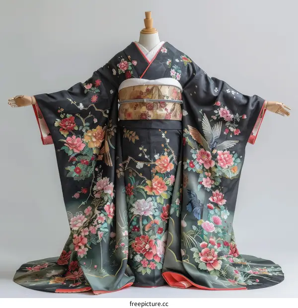A kimono with a floral pattern and a phoenix pattern