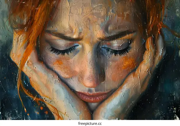 A close-up portrait of a sad woman with red hair and her hands on her face