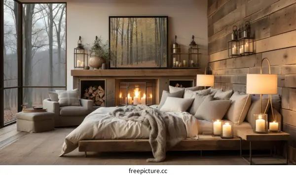 Cozy bedroom with fireplace and woodsy artwork