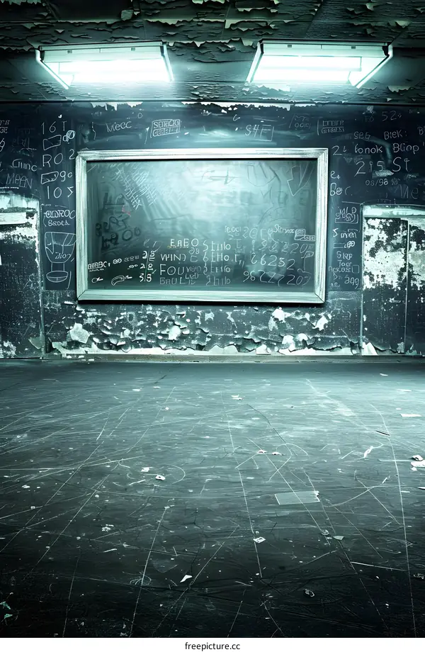 Blackboard with Graffiti and Empty Floor in Abandoned Room