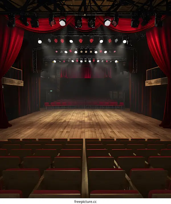 Empty Theater Stage with Red Curtains and Spotlight