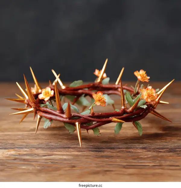 Crown of Thorns with Orange Flowers on Wooden Table