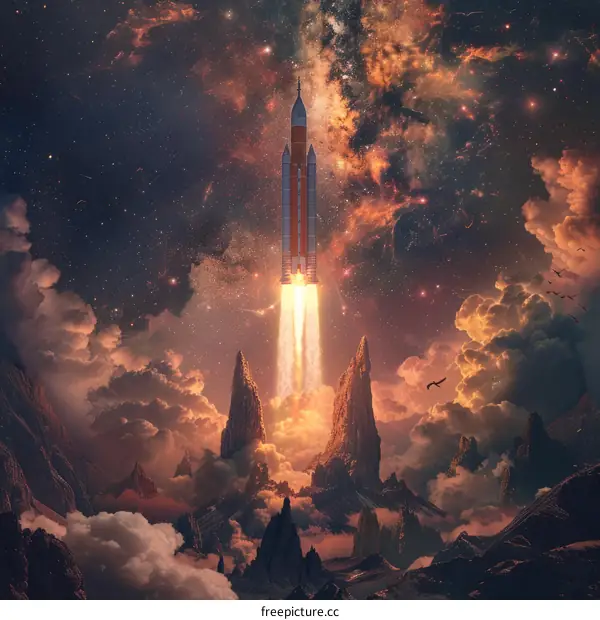 Rocket launch into space from a beautiful alien planet