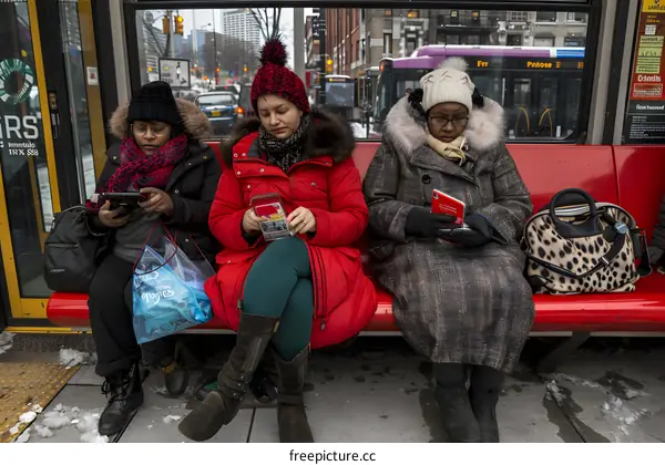 Three Women Sitting on a Bench in a Bus Stop, Looking at Their Phones