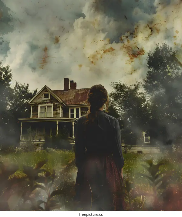 A girl standing in front of a haunted house