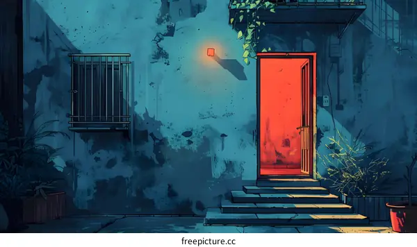 The red door in the blue building