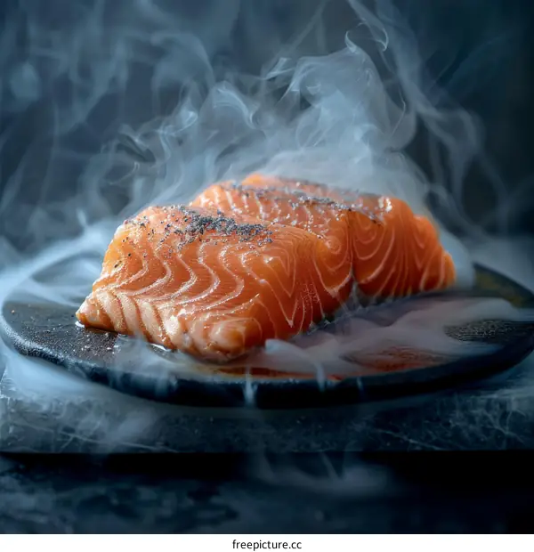 Fresh Salmon Fillet on Plate with Smoke