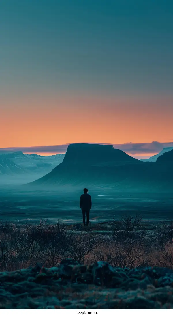 Man standing alone in front of a mountain range