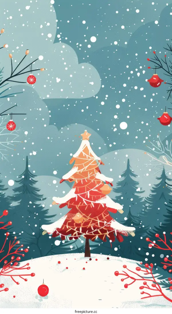 Lonely Red Christmas Tree in Winter Snow Forest