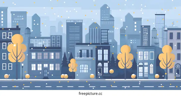 Snowy Cityscape With Tall Buildings