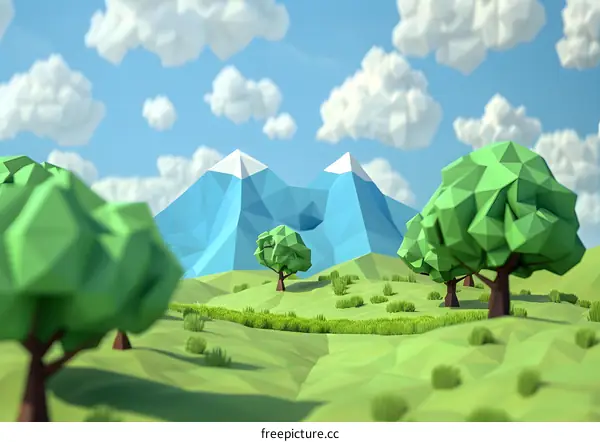 Low Poly Mountains and Trees 3D Illustration