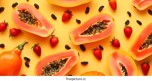 Yellow Background with Halved Papaya, Strawberries and Raisins