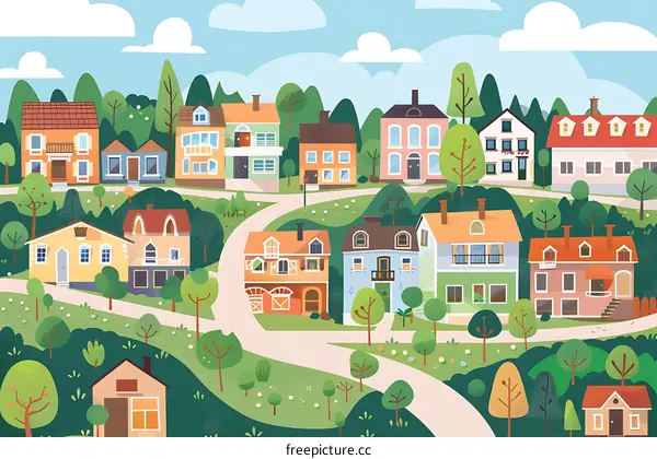 Charming Village Illustration with Colorful Houses and Winding Road