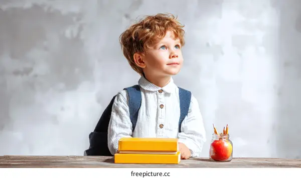 Focused Boy with Books and Stationery